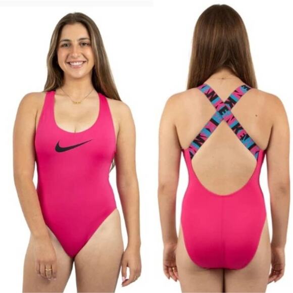 Nike One-Piece Racerback Pink & Black Swimsuit Size Large - Picture 1 of 8